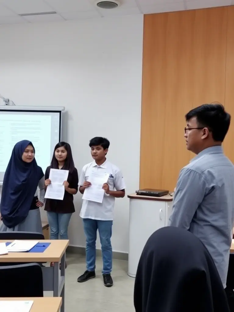 A photograph of students presenting their research findings during an Extended Essay presentation at Kolej Tunku Kurshiah, highlighting independent research and academic writing skills.