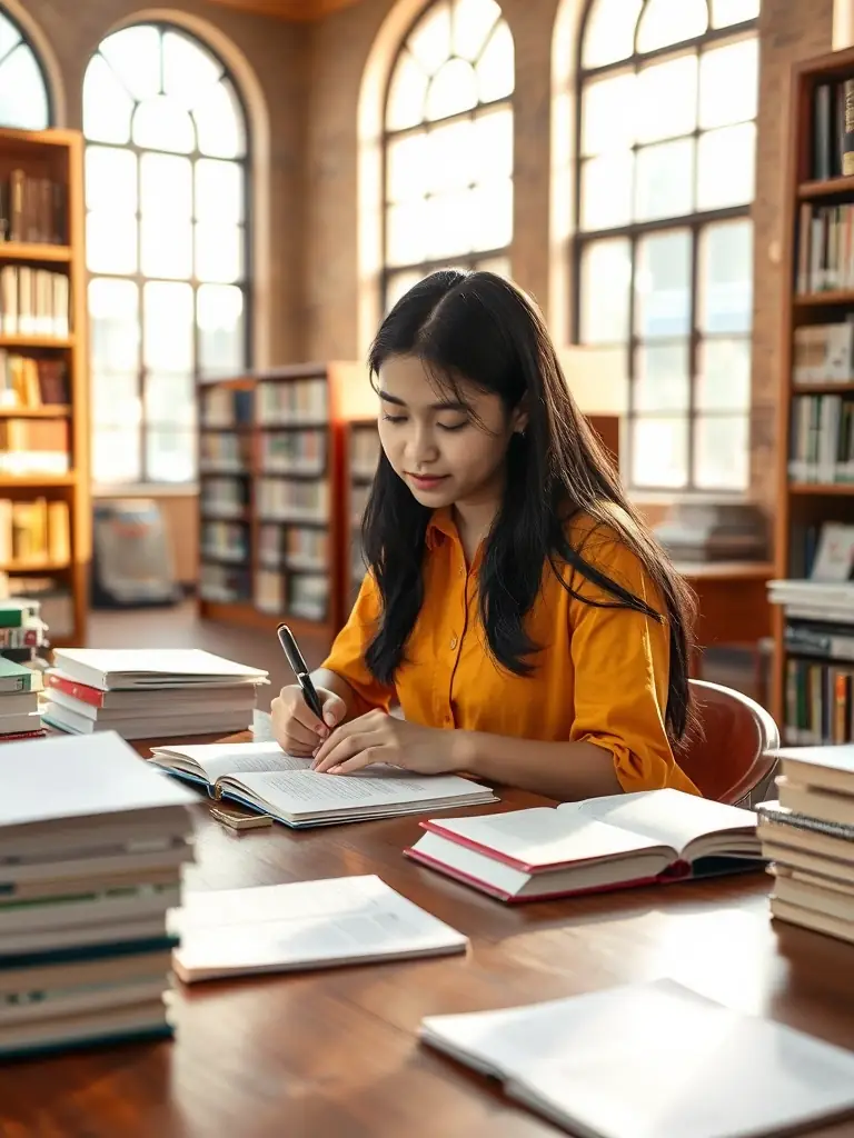 A student working diligently on their Extended Essay (EE) in the library at Kolej Tunku Kurshiah, surrounded by research materials, showcasing independent research and academic writing skills.