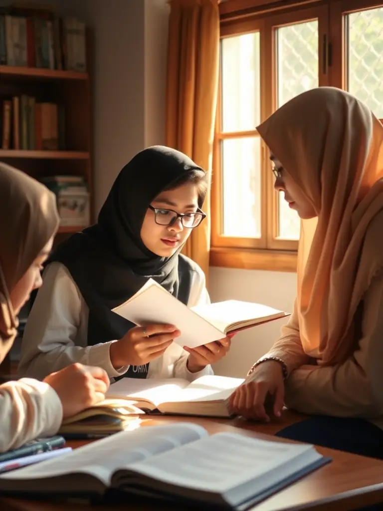 A student deeply engaged in philosophical discussion during a Theory of Knowledge (TOK) class at Kolej Tunku Kurshiah, surrounded by textbooks and notes, with sunlight streaming through the window, emphasizing critical thinking and inquiry.
