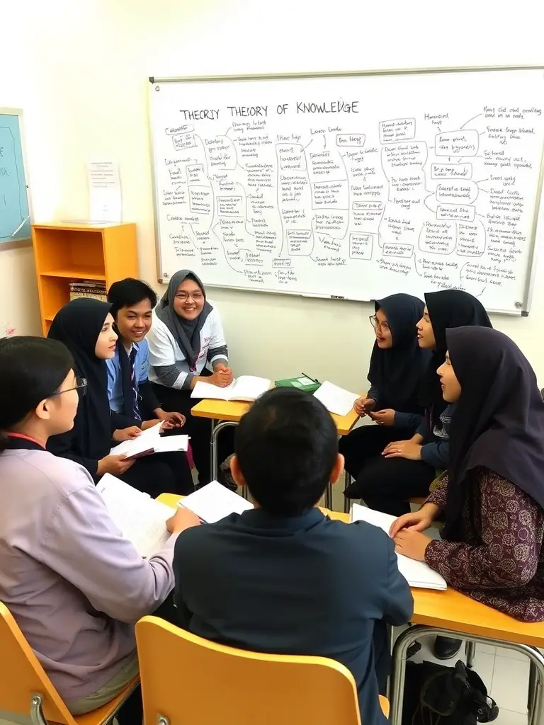 A photograph of students engaged in a lively discussion during a Theory of Knowledge (TOK) class at Kolej Tunku Kurshiah, emphasizing critical thinking and philosophical inquiry.