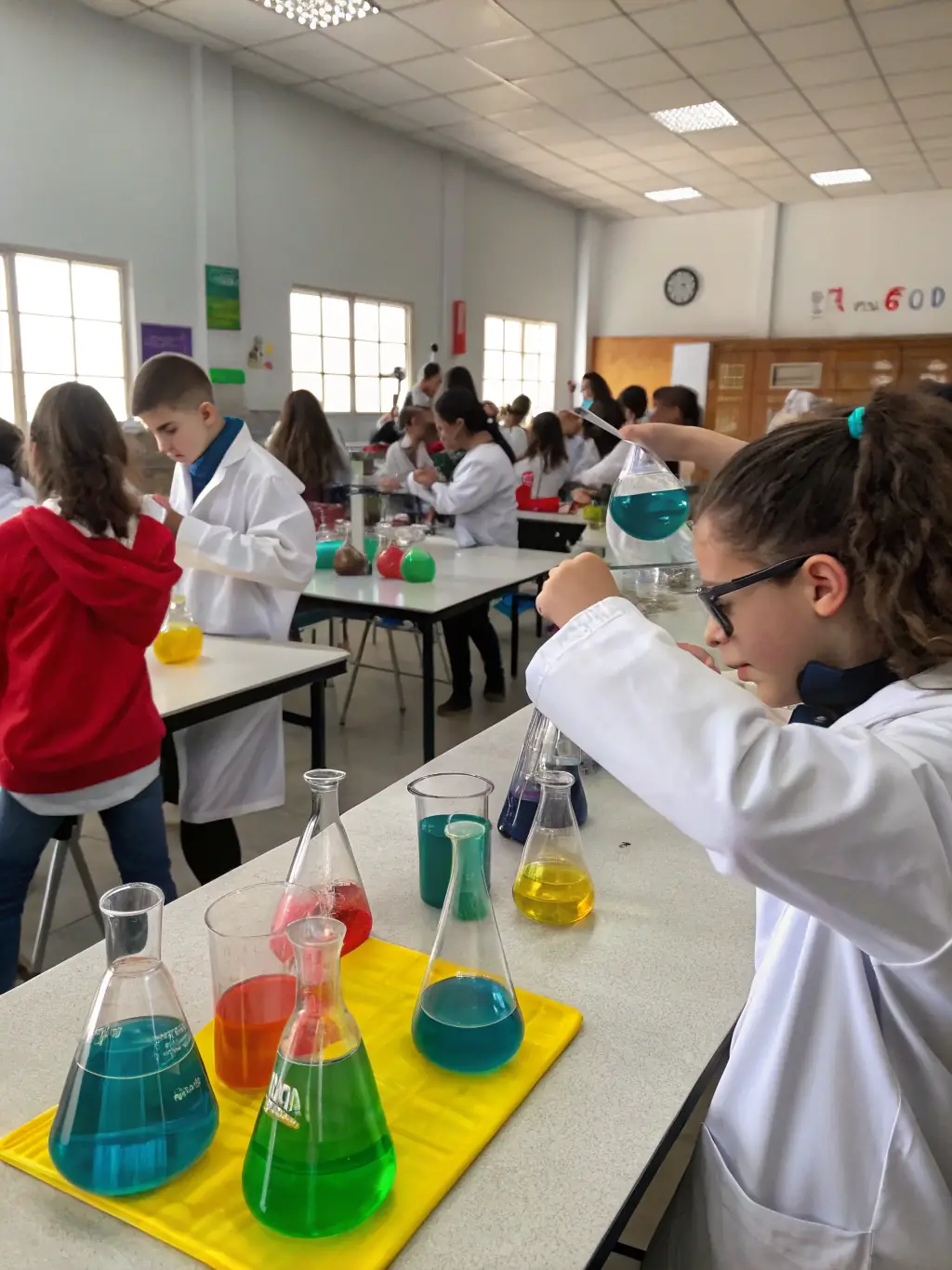 A photograph of students actively participating in a science experiment in a laboratory setting at Kolej Tunku Kurshiah, showcasing hands-on learning in the IBDP program.