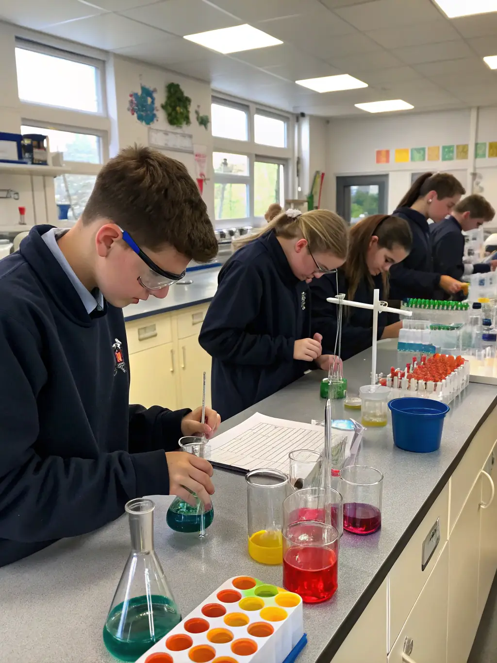 Students conducting a chemistry experiment in a well-equipped laboratory at Kolej Tunku Kurshiah, showcasing the Sciences subject group.