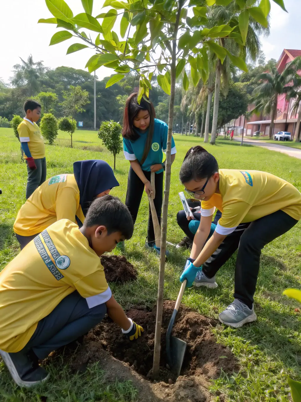A group of students from Kolej Tunku Kurshiah participating in a Creativity, Activity, Service (CAS) project, planting trees in a local community garden, demonstrating their commitment to service and personal development.