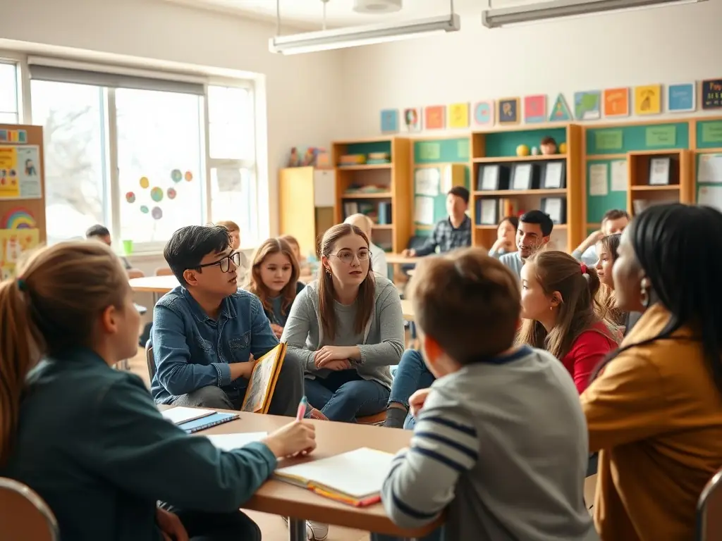 A classroom scene at Kolej Tunku Kurshiah, showing students actively participating in a Theory of Knowledge (TOK) discussion, with the teacher facilitating the session. The image should convey intellectual engagement and collaborative learning.