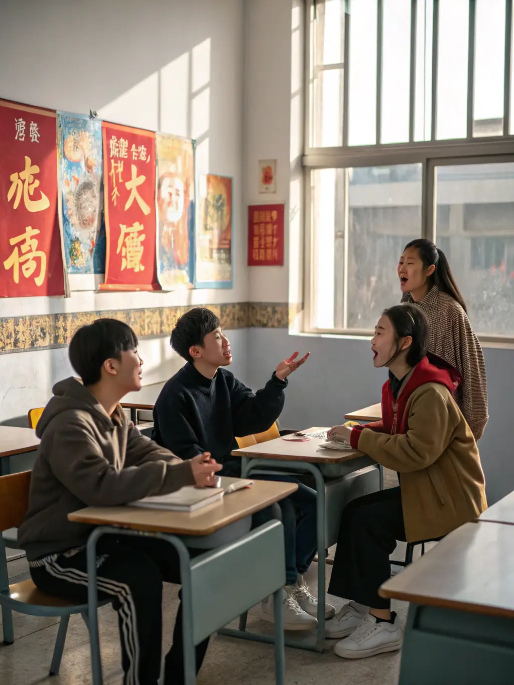A group of students collaboratively practicing conversational Mandarin in a modern classroom setting at Kolej Tunku Kurshiah, symbolizing Language Acquisition.